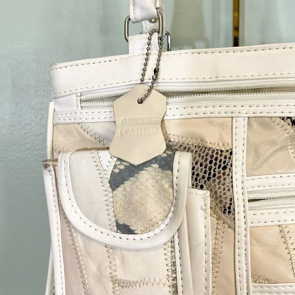 Leather Shoulder Bag Women's Cream White Genuine Leather Patches Satchel  Bag